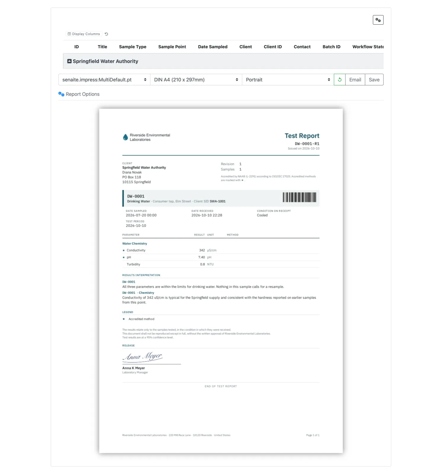 A rendered test report in the publish preview of SENAITE IMPRESS, template MultiDefault, DIN A4 portrait. Header with the logo of Riverside Environmental Laboratories and the title Test Report DW-0001-R1. Client block for Springfield Water Authority, an accreditation statement, sample DW-0001 with a barcode, dates sampled and received, a results table for conductivity, pH and turbidity with accredited methods marked by a star, a results interpretation, a legend, the release signature of the laboratory manager and a footer with the lab address.