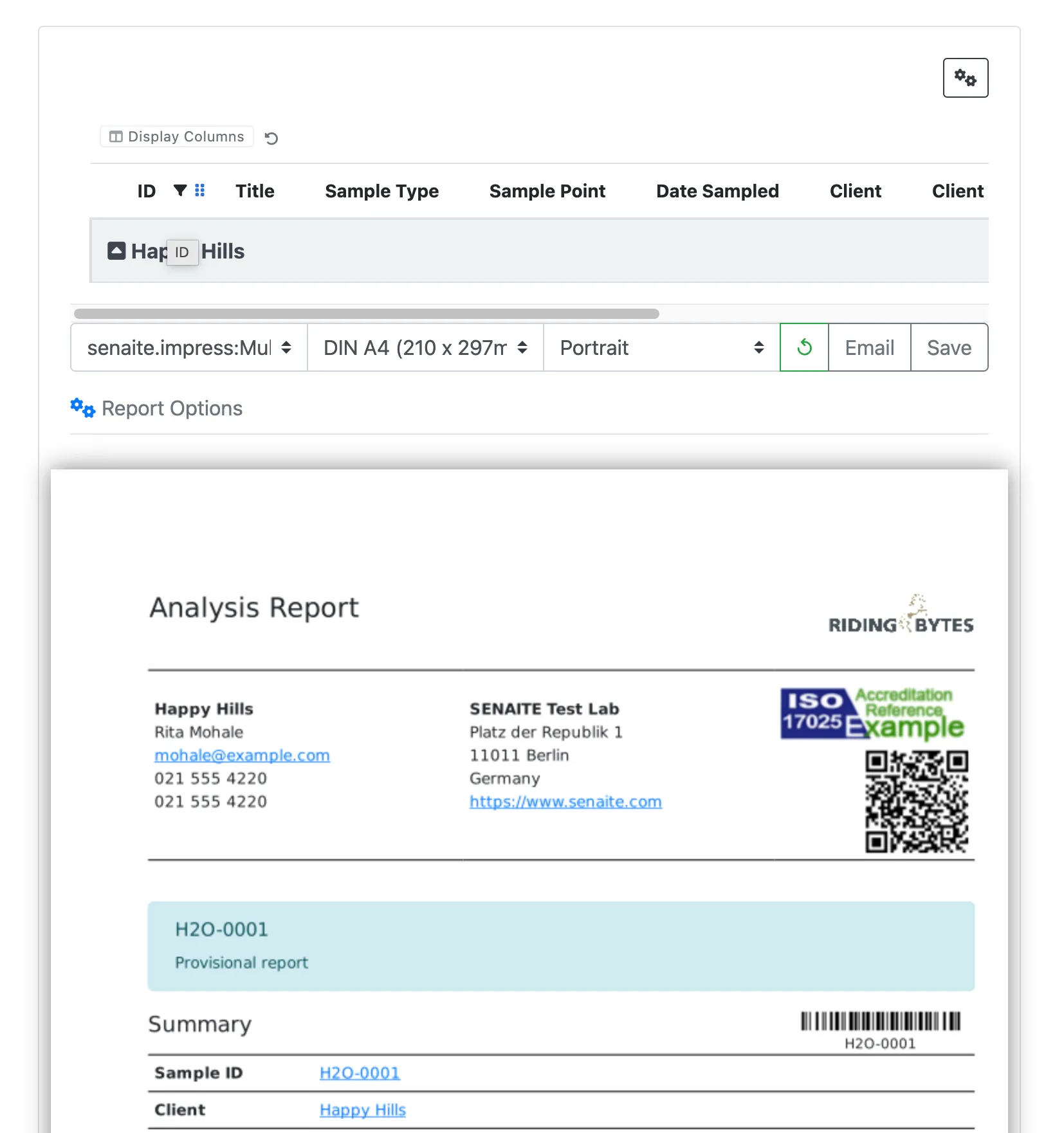 A rendered Analysis Report PDF preview for a client called Happy Hills, with the RIDING BYTES lab logo top right and an ISO 17025 Accreditation badge underneath. The sample H2O-0001 is marked Provisional report and shows a Summary section.