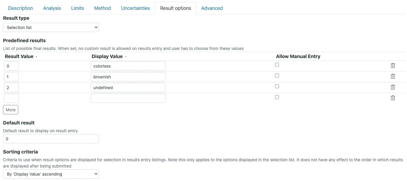 Result options tab of the service Colour: result type Selection list, predefined results 0 colorless, 1 brownish, 2 undefined, default result 0, sorting by Display Value ascending.