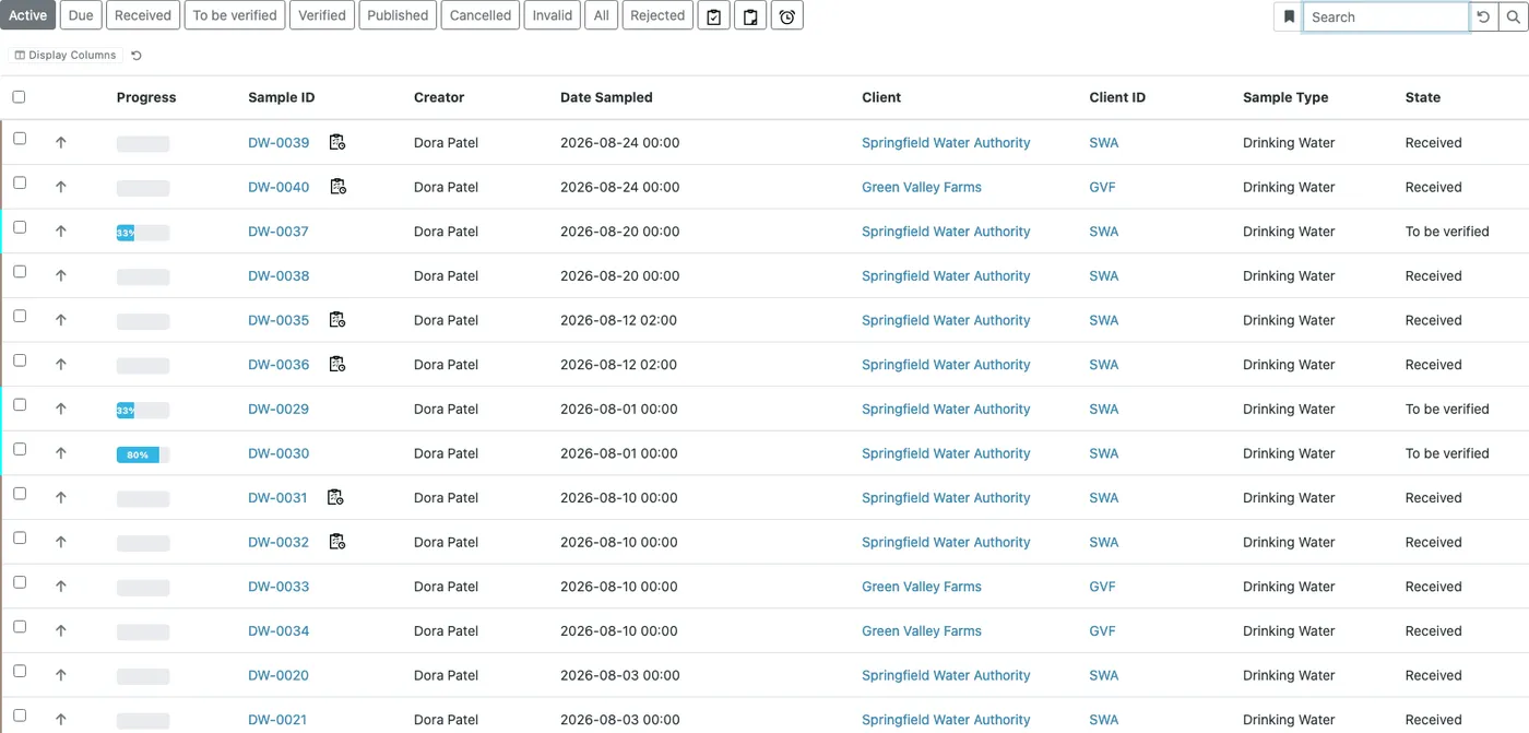 Samples listing with filter buttons Active, Due, Received, To be verified, Verified, Published and more, and rows of drinking water samples from two clients with progress, creator, date sampled and state.