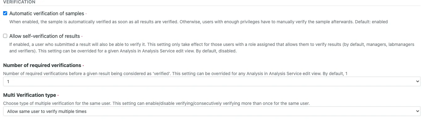 Einstellungen zur Verifizierung im Reiter Analyses des Setups: Automatic verification of samples aktiviert, Allow self-verification of results deaktiviert, Number of required verifications 1, Multi Verification type Allow same user to verify multiple times.